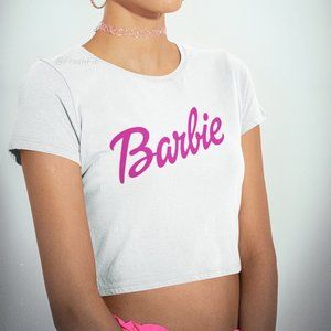 🆕Barbie Script White Fitted Crop Top Tee Shirt